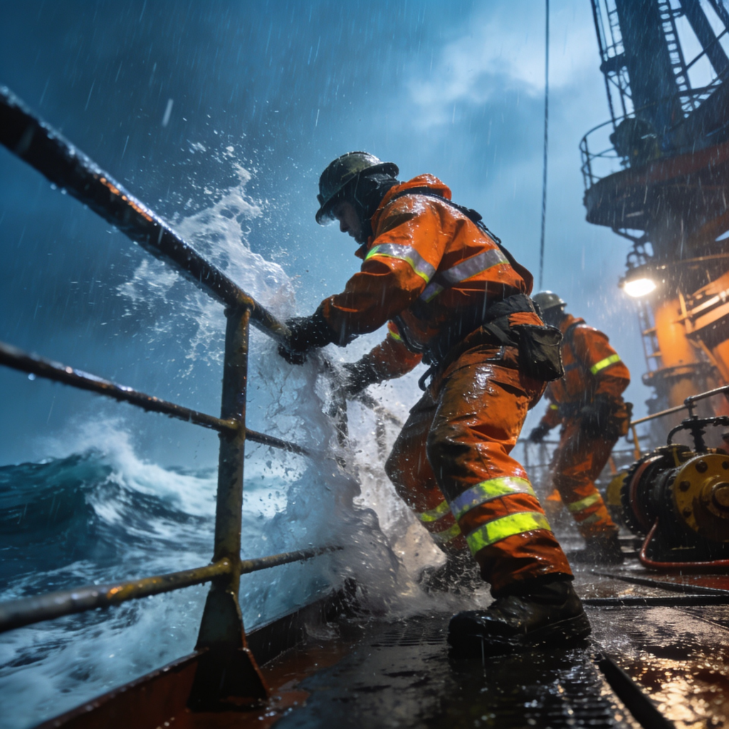 magnific ocean oil rig workers on deck in heavy rain wet re 79321