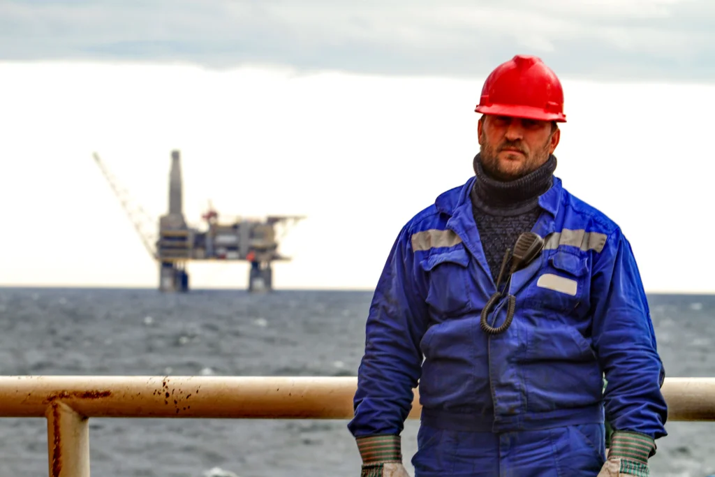 Home 3 oilman shift workers deck ship background offshore oil shelf planforms work way work 1